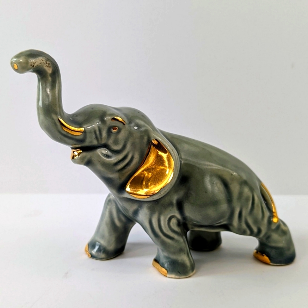 Vintage Gray Elephant Trunk Up Gold Painted Figurine Ring Holder